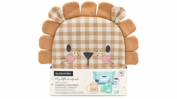 Suavinex baby my little backpack leon 1 envase crema del pañal 300 ml + 1 envase baby cologne 100 ml + biberon con asas + 6 meses 150 ml + toallitas dermohidratantes 25 unidades
