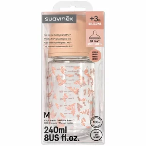 Suavinex biberon vidrio tetina fisiologica silicona sx pro selection + 3m  240 ml flujo m