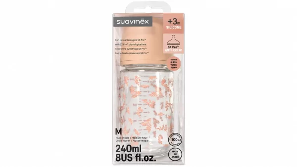 Suavinex biberon vidrio tetina fisiologica silicona sx pro selection + 3m  240 ml flujo m